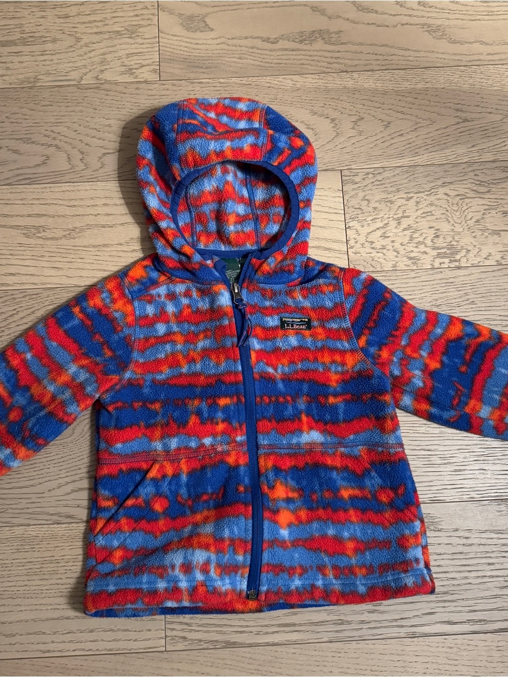 LL Bean Kids Hooded Fleece in Bright Blue & Red Tie-Dye